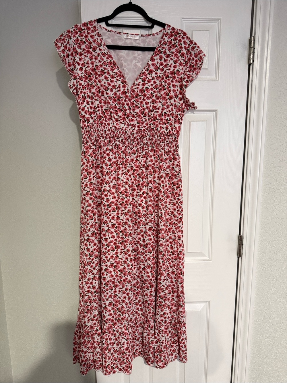 kirundo women’s pink white rose floral empire waist dress large